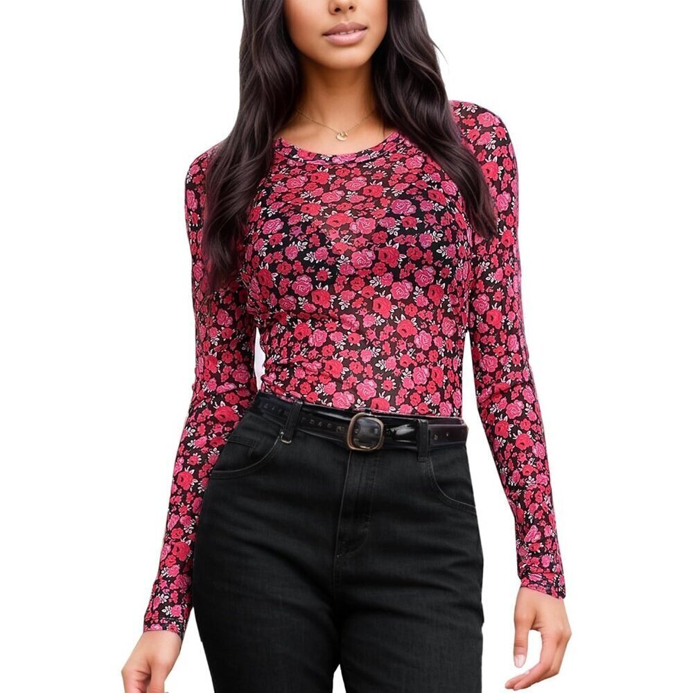 🆕WomenDark Red Floral Mesh Top Crew Neck Long Sleeve Sexy See Through Polyester